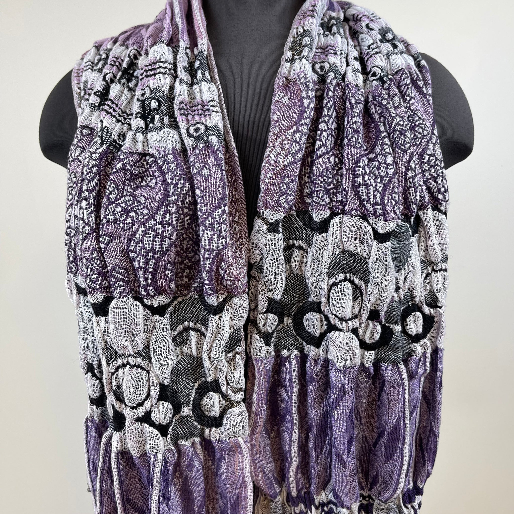 Beautiful Purple, Black and White Fringed Scarf