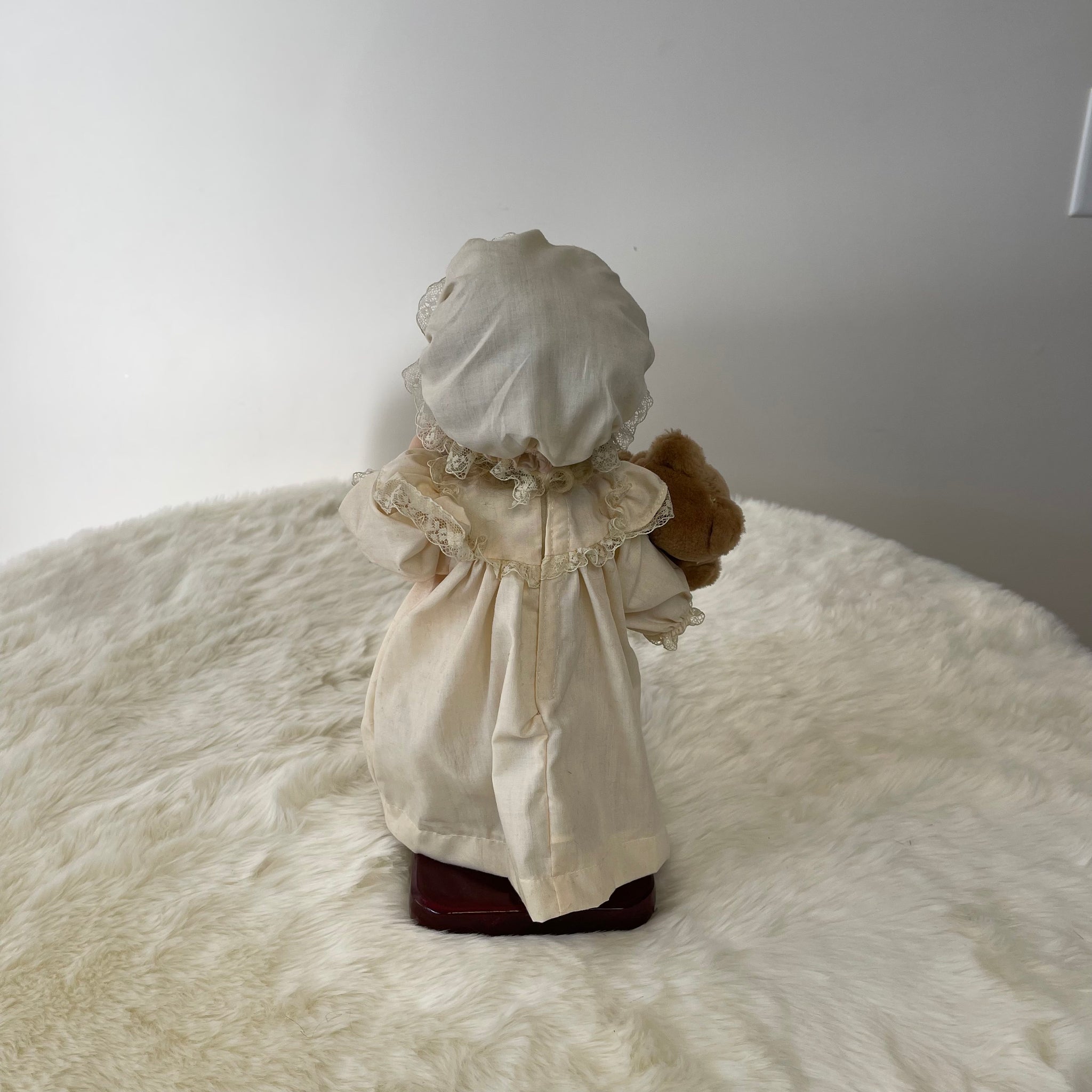 Vintage Porcelain Doll Staring IN Wooden Mirror