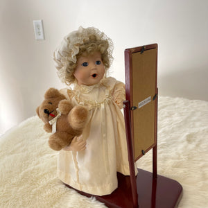 Vintage Porcelain Doll Staring IN Wooden Mirror