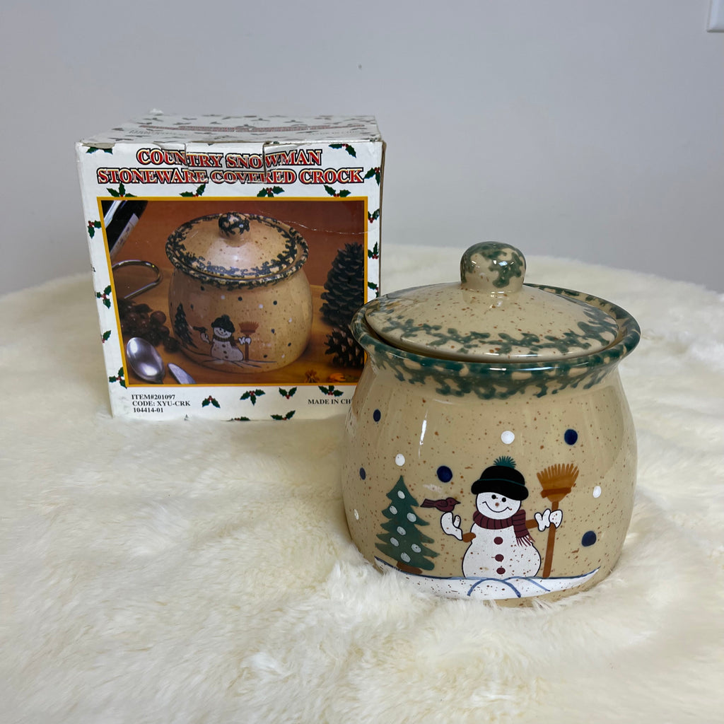 Country Snowman Stoneware Covered Crock